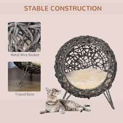 PawHut Rattan Elevated Cat House Kitten Bed Pet Furniture w/ Cushion Grey - Additional view 5