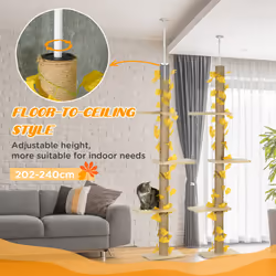 PawHut 242cm Adjustable Floor-To-Ceiling Cat Tower w/ Anti-Slip Kit - Yellow