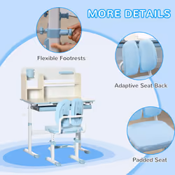 HOMCOM Kids Desk and Chair Set with Storage Shelves, Washable Cover - Blue - Additional view 5