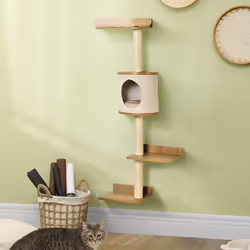 PawHut Wall-Mounted Cat Tree Shelter w/ Cat House, Bed, Scratching Post - Beige