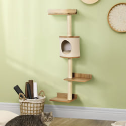 PawHut Wall-Mounted Cat Tree Shelter w/ Cat House, Bed, Scratching Post - Beige