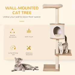 PawHut Wall-Mounted Cat Tree Shelter w/ Cat House, Bed, Scratching Post - Beige