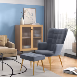 HOMCOM Button Tufted Armchair with Footstool and Gold Tone Steel Legs Dark Grey