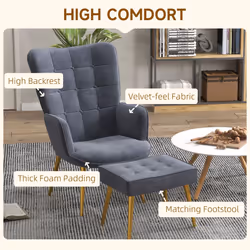 HOMCOM Button Tufted Armchair with Footstool and Gold Tone Steel Legs Dark Grey