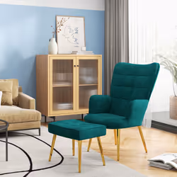 HOMCOM Button Tufted Armchair with Footstool and Gold Tone Steel Legs Dark Green