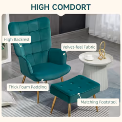 HOMCOM Button Tufted Armchair with Footstool and Gold Tone Steel Legs Dark Green