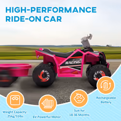 HOMCOM Electric Quad Bike, 6V Kids Ride-On ATV with Back Trailer - Pink - Additional view 5
