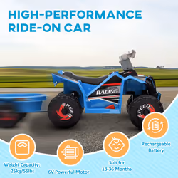 HOMCOM Electric Quad Bike, 6V Kids Ride-On ATV with Back Trailer - Blue