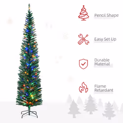 HOMCOM 7.5ft Artificial Pencil Christmas Tree with Colourful Lights, Steel Base