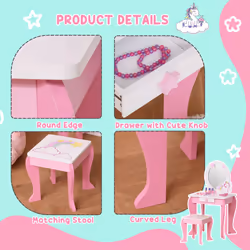 HOMCOM Girls Dressing Table with Mirror, Stool, Pretend Play Toy - Additional view 4
