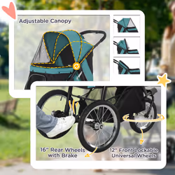 PawHut 3 Wheel Pet Stroller, for Medium Small Dogs, Foldable Cat Pram - Green - Additional view 4
