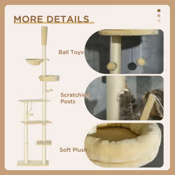 PawHut Floor to Ceiling Climbing Cat Tree Tower, 230-250cm Height, Beige - Additional view 4