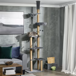 PawHut Floor to Ceiling Climbing Cat Tree Tower, 230-250cm Height, Grey
