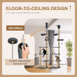 PawHut Floor to Ceiling Climbing Cat Tree Tower, 230-250cm Height, Grey
