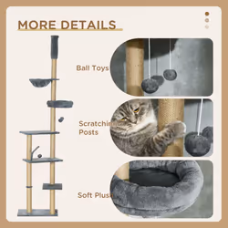 PawHut Floor to Ceiling Climbing Cat Tree Tower, 230-250cm Height, Grey - Additional view 4