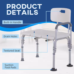 HOMCOM Height Adjustable Shower Chair with Suction Cup Feet Armrest Backrest