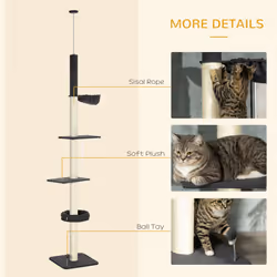 PawHut Floor-To-Ceiling Cat Tree, Height Adjustable, Black - Additional view 4
