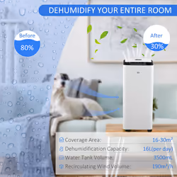 HOMCOM 16L/Day Protable Quiet Air Dehumidifier with Purifier, Timer, 5 Modes
