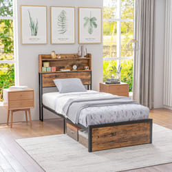 HOMCOM 3.1FT Single Bed Frame with Storage Headboard and Under Bed Storage