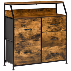 HOMCOM Bedroom Chest of Drawers with 5 Fabric Drawers, Open Shelf, Rustic Brown
