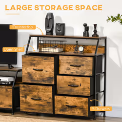 HOMCOM Bedroom Chest of Drawers with 5 Fabric Drawers, Open Shelf, Rustic Brown