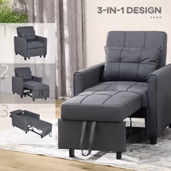 HOMCOM Pull Out Chair Bed, Sleeper Chair with Pillow, Side Pockets, Grey - Additional view 4