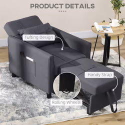 HOMCOM Pull Out Chair Bed, Sleeper Chair with Pillow, Side Pockets, Grey - Additional view 5