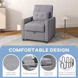 HOMCOM Pull Out Chair Bed, Sleeper Chair with Pillow, Side Pockets, Light Grey - Additional view 4