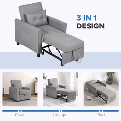 HOMCOM Pull Out Chair Bed, Sleeper Chair with Pillow, Side Pockets, Light Grey - Additional view 5