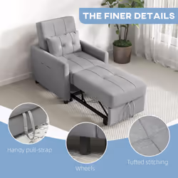 HOMCOM Pull Out Chair Bed, Sleeper Chair with Pillow, Side Pockets, Light Grey - Additional view 6