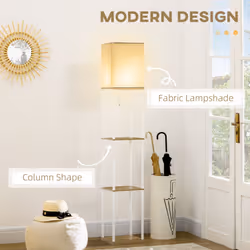 HOMCOM Modern Floor Lamp with Shelves and Fabric Lampshade for Living Room