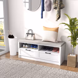 HOMCOM Shoe Bench with Removable Cushion, Open Compartments and Drawers