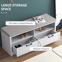HOMCOM Shoe Bench with Removable Cushion, Open Compartments and Drawers