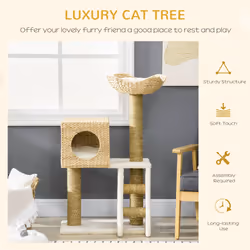 PawHut Cat Tree Kitten Tower Cattail Weave w/ Scratching Posts, Bed, House