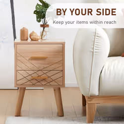 HOMCOM Bedside Cabinet, Nordic Bedside Table with 2 Drawers Wood Legs, Natural