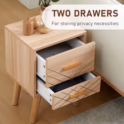 HOMCOM Bedside Cabinet, Nordic Bedside Table with 2 Drawers Wood Legs, Natural
