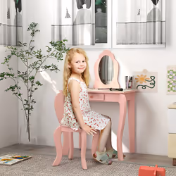 ZONEKIZ Kids Dressing Table with Mirror Stool Drawer, Cute Animal Design, Pink