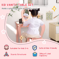 ZONEKIZ Kids Dressing Table with Mirror Stool Drawer, Cute Animal Design, Pink