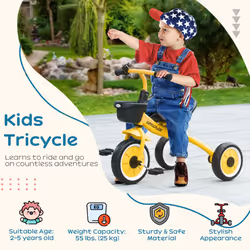 AIYAPLAY Trike W/ Adjustable Seat Basket, Kids Tricycle for 2-5 Years Old Yellow