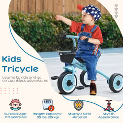 AIYAPLAY Trike W/ Adjustable Seat Basket, Kids Tricycle for 2-5 Years Old, Blue