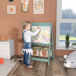 AIYAPLAY Kids Easel with Paper Roll, Blackboard, Whiteboard, Storage, Green
