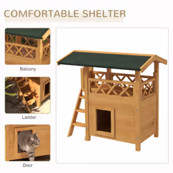 PawHut Outdoor Cat House w/ Balcony Stairs Roof, Natural Wood Finish