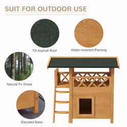 PawHut Outdoor Cat House w/ Balcony Stairs Roof, Natural Wood Finish