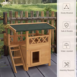 PawHut Outdoor Cat House w/ Balcony Stairs Roof, Natural Wood Finish - Additional view 4