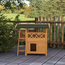 PawHut Outdoor Cat House w/ Balcony Stairs Roof, Natural Wood Finish - Additional view 6