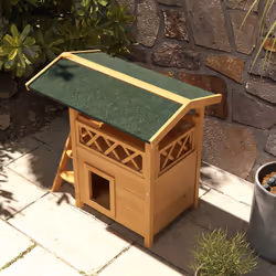 PawHut Outdoor Cat House w/ Balcony Stairs Roof, Natural Wood Finish - Additional view 7