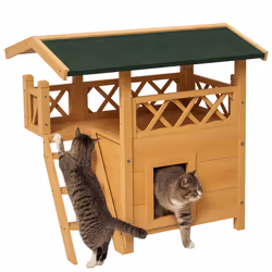 PawHut Outdoor Cat House w/ Balcony Stairs Roof, Natural Wood Finish - Additional view 8