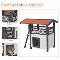 PawHut Outdoor Cat House w/ Balcony Stairs Roof, White