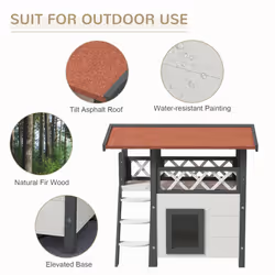 PawHut Outdoor Cat House w/ Balcony Stairs Roof, White