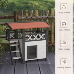 PawHut Outdoor Cat House w/ Balcony Stairs Roof, White - Additional view 4